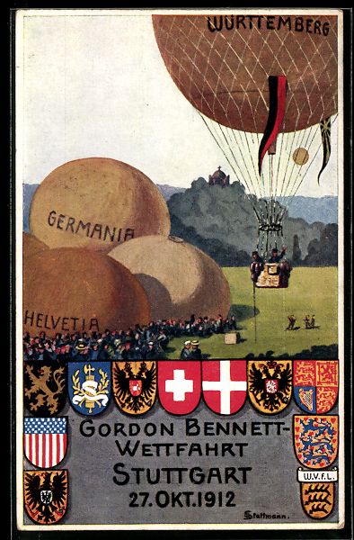 Cartoline postali: Stuttgart, Gordon Bennet-Wettfahrt 1912, – Usato da Berlin venduto da bartko-reher