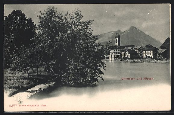 Cartoline postali: AK Unterseen, Teilansicht mit dem Niesen – Usato da Berlin venduto da bartko-reher