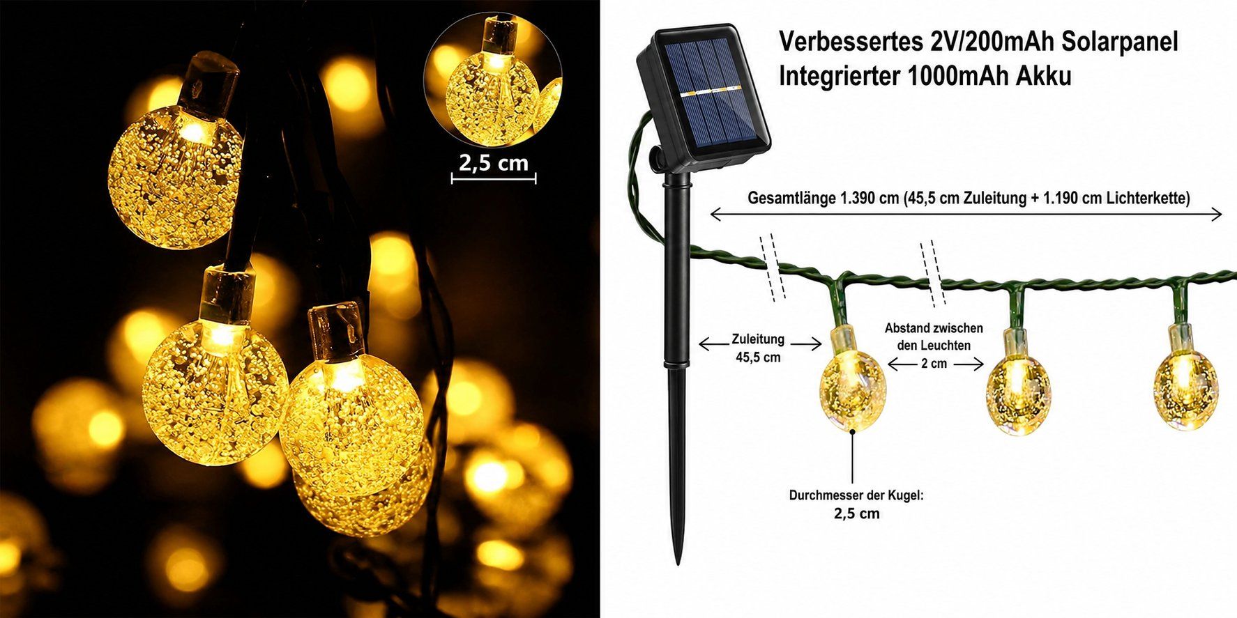 Ghirlande e barre luminose: Solar Lichterkette Aussen 11m mit 60 LED Kugeln – Nuovo e nell'imballaggio originale da Nuglar venduto da SmartLiving24 7
