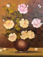 Blumenölgemälde, Rosen in Vase, Vintage Wandkunst