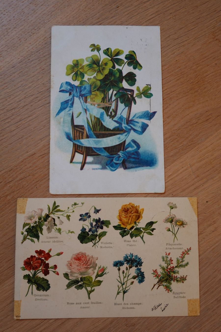 Ansichtskarten: 2 Ansichtskarten Blumenmotive Blumensprache Glücksklee – Gebraucht aus Jona von simongarden