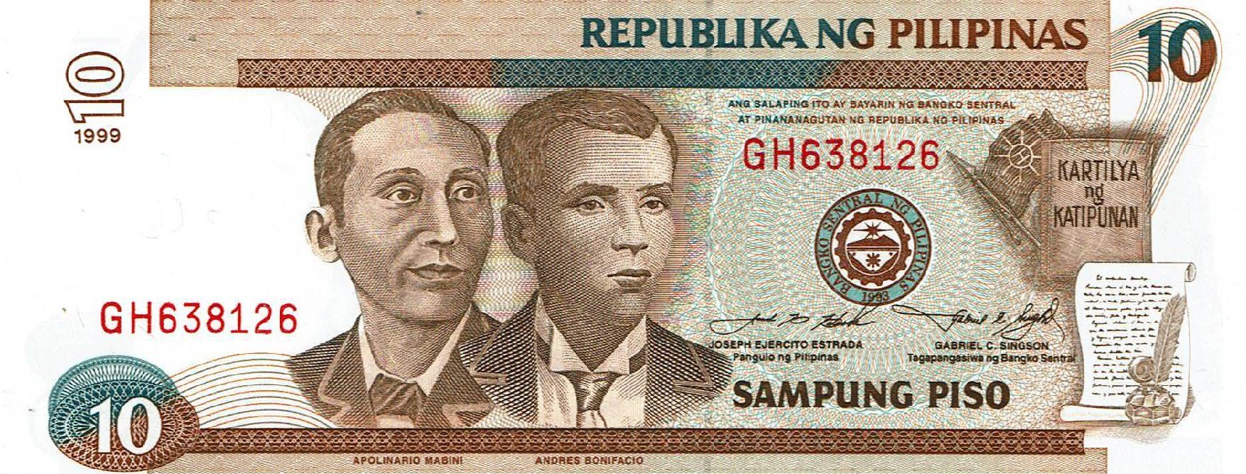 Banknoten: Philippinen 10 Piso 1999 P-187e UNZ – Neu (gemäss Beschreibung) aus Steffisburg von ber_8htf