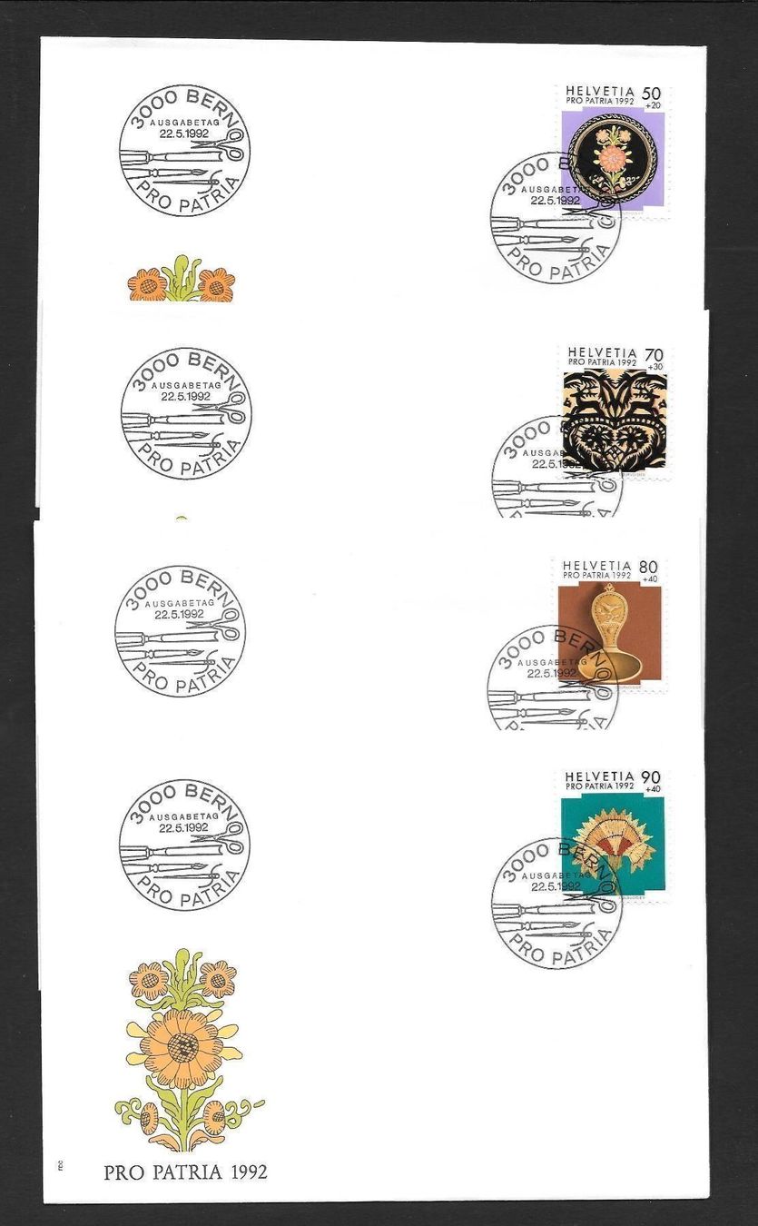 Tutti i francobolli: 4 FDC Pro Patria 1992 Serie Einzelmarken ET Bern 22.5.1992 – Nuovo (secondo la descrizione) da Olten venduto da clotaldi