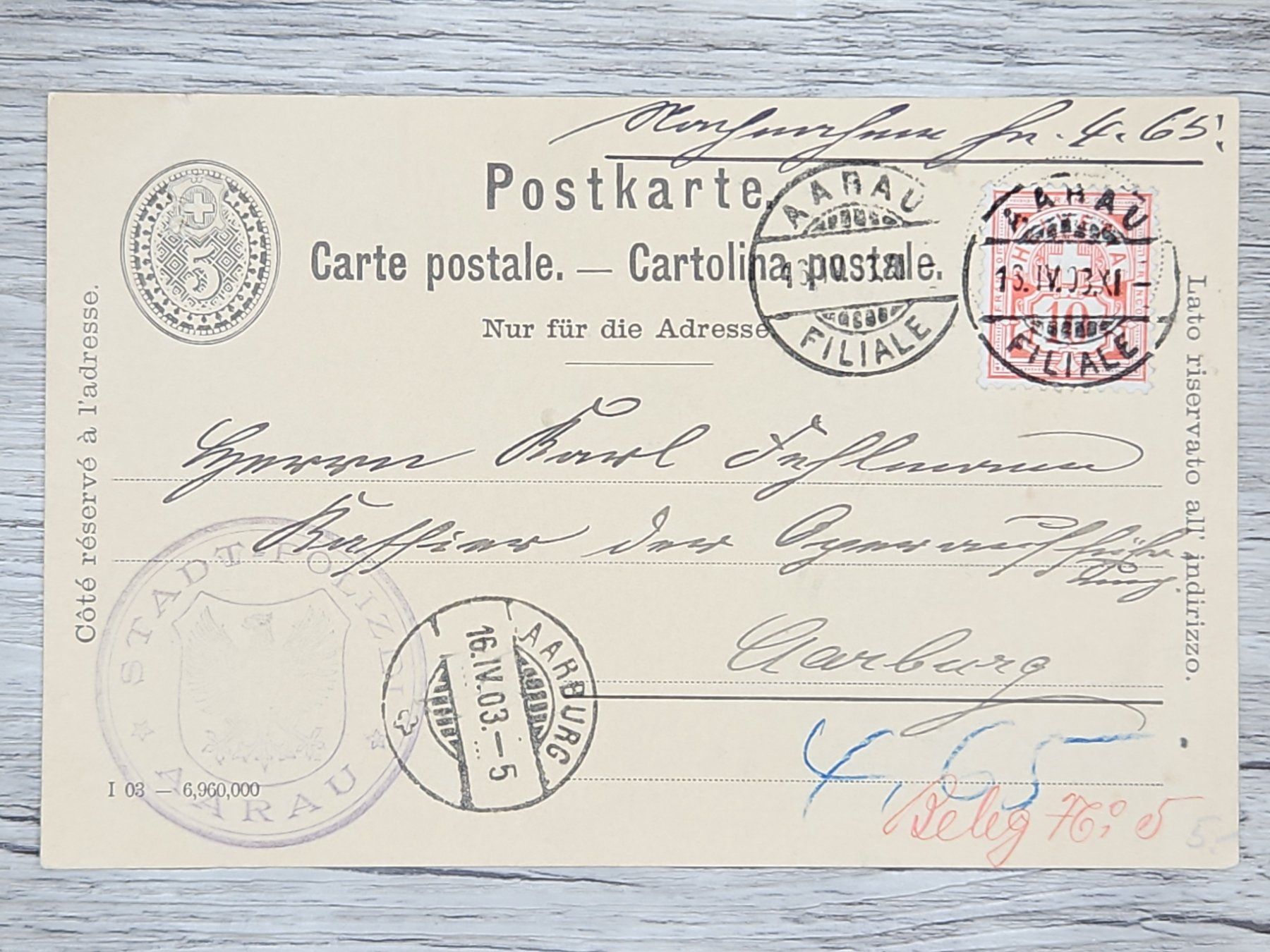 Tutti i francobolli: CL16 Carte Postale + Timbre Suisse 1903 – Usato da Cousset venduto da Patrick_Collections