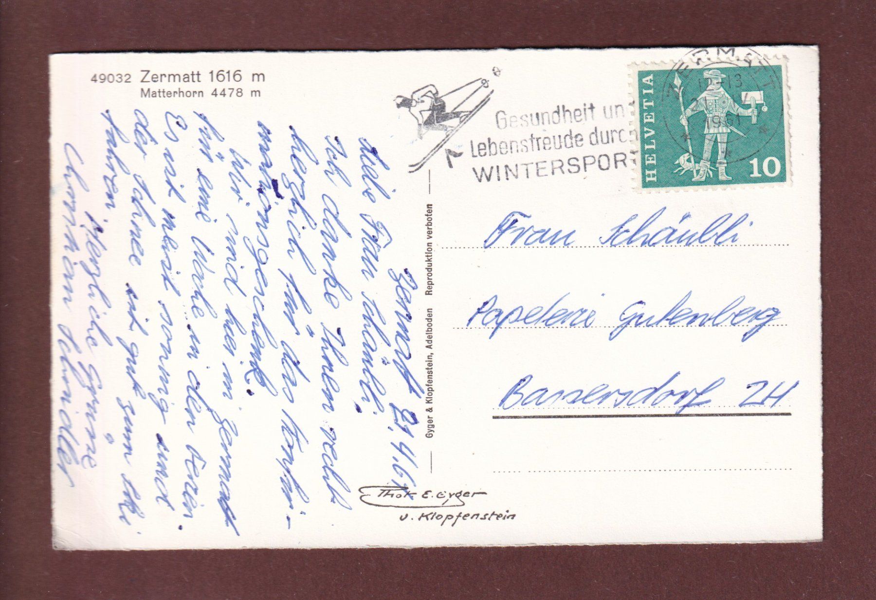 Cartoline postali: ZERMATT - Matterhorn - 1961 – Usato da Pully venduto da nicecards 1