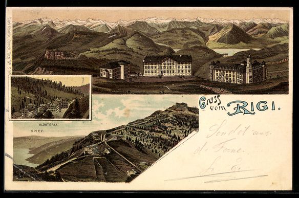 Cartoline postali: Litho Rigi, Panorama mit Hotels, Spiez,  – Usato da Berlin venduto da bartko-reher