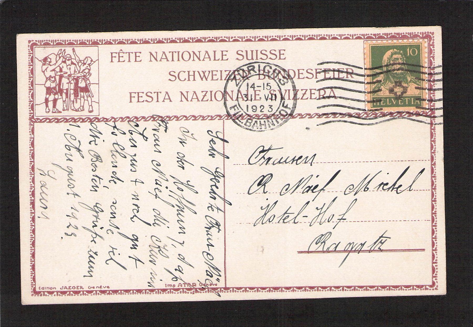 Tutti i francobolli: Bundesfeierkarte 1919  , Mitläufer , Nr. E 1919/02 – Usato da Reichenburg venduto da Pipo-67 1