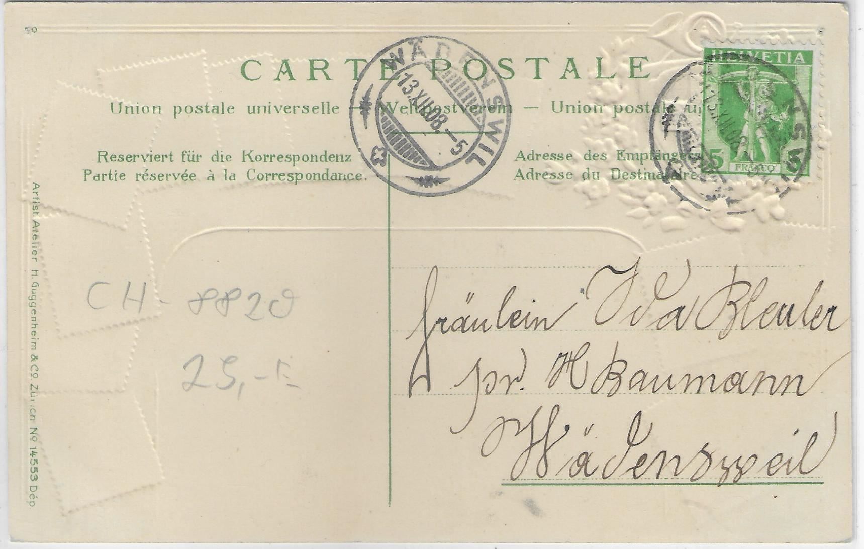 Cartoline postali: Wädenswil - Helvetia-Präge-Litho 1908 – Usato da Ettingen venduto da Kartenplanet 1