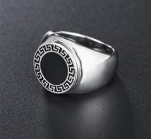 Men ring silver black round stainless steel