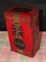 Boîte fer blanc à cacao ancienne décorée rouge, noir et or