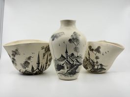 Vintage Keramik Set: Vase & 2 Schalen mit Landschaftsmotiv