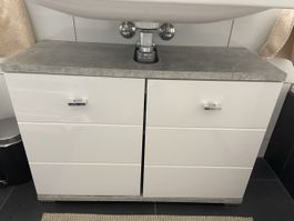 Stylischer Waschtischunterschrank weiss grau Ablage
