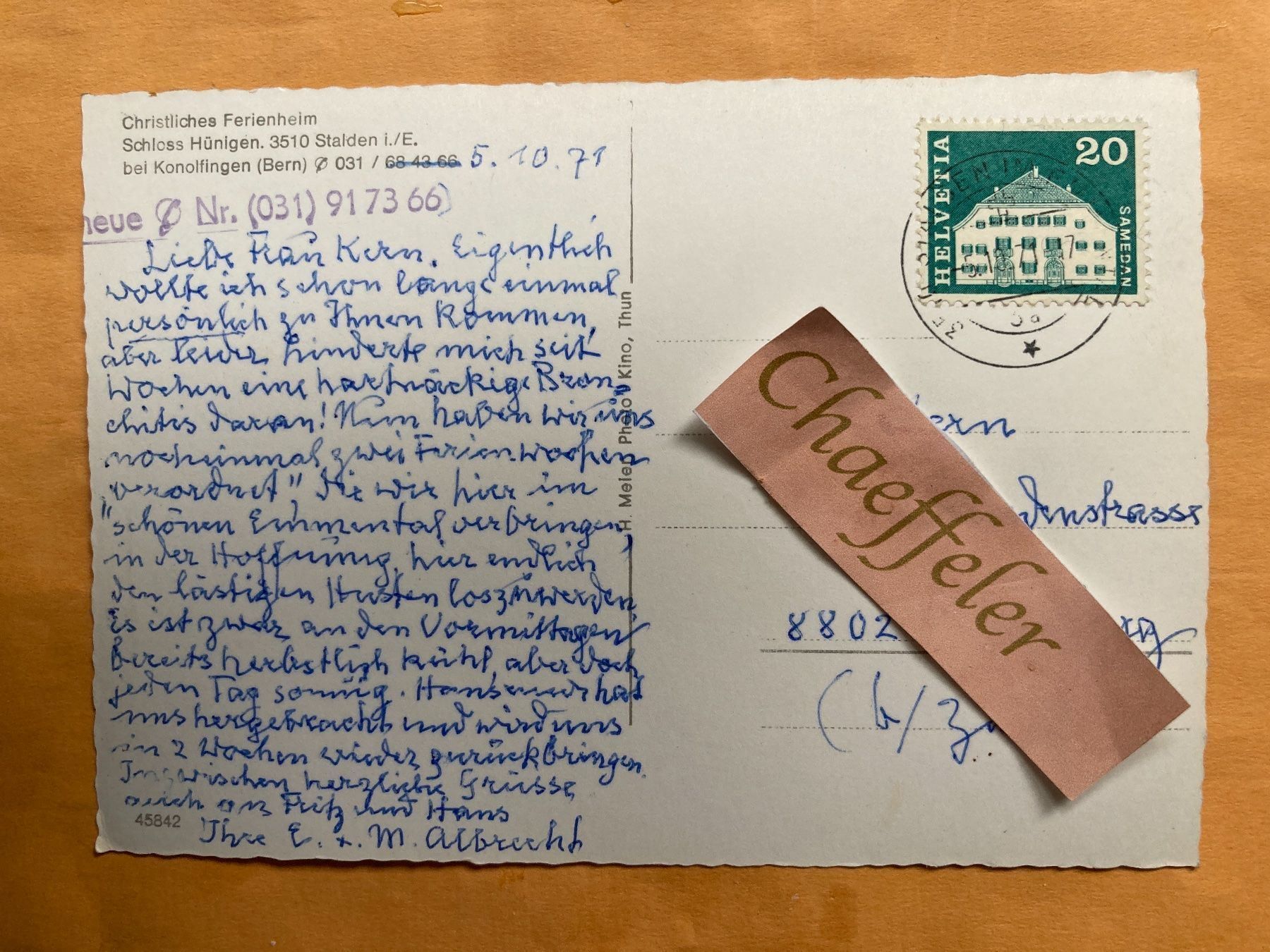 Cartoline postali: 1971 Schloss Hünigen bei Konolfingen – Usato da Zürich venduto da Chaeffeler 1