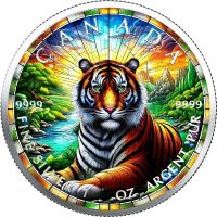 Maple Leaf 2025  Farbiger Round Stained Glass TIGER 1 oz.