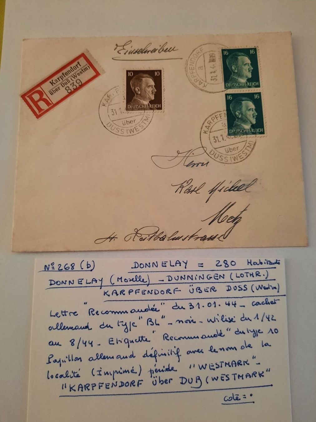 Couverts & Versandtaschen: Lettre recommandée 31.01.1944 en Moselle – Gebraucht aus Matran von Bridge-Mania 3