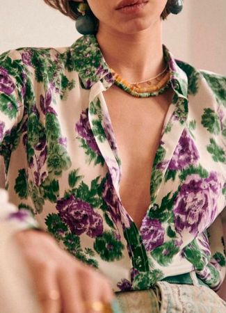 Sezane Ann Bluse Rosen Gruen Lila, Gr. 40