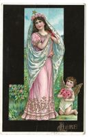 Liebe - junge Dame - Engel  Amor  - Rosen - Präge-Litho 1910