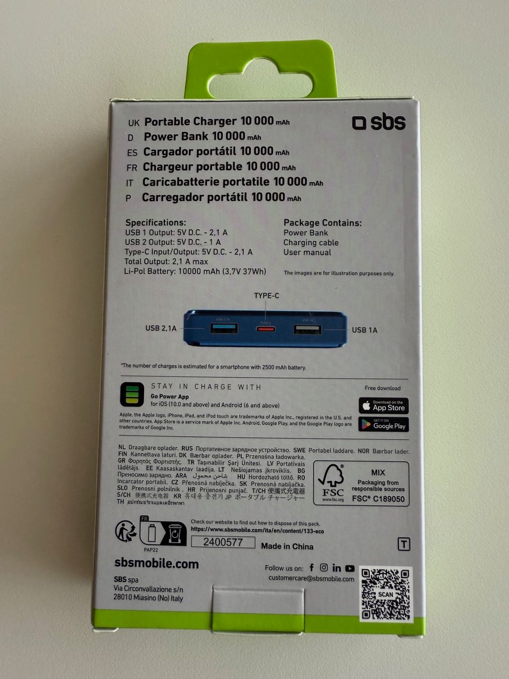 Caricabatterie: SBS Power Bank 10000 mAh, blue – Nuovo e nell'imballaggio originale da St-Gingolph venduto da GoldenKeys 1