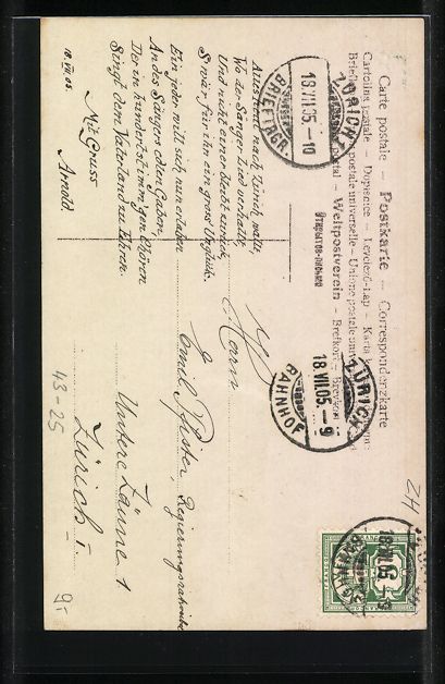 Ansichtskarten: Zürich, Eidg. Sängerfest 1905, Tonhall – Gebraucht aus Berlin von bartko-reher 1