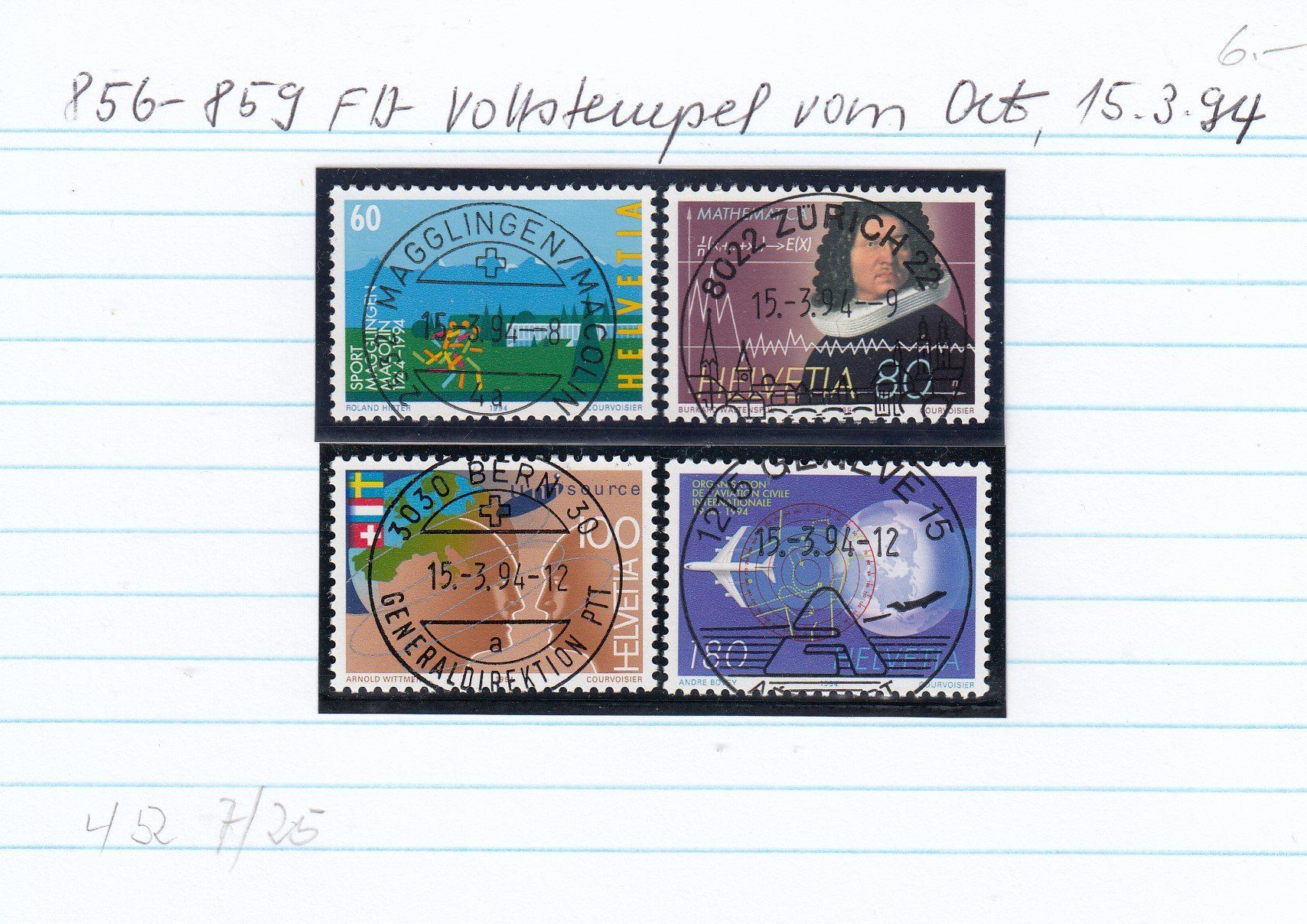 Tutti i francobolli: 856-859 FD-Vollstempel vom Ort, 15.3.94 – Usato da Spreitenbach venduto da Lienbi01 1