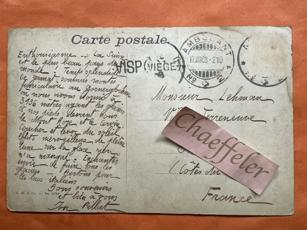 Cartoline postali: 1908 Monte Rosa  – Usato da Zürich venduto da Chaeffeler 1