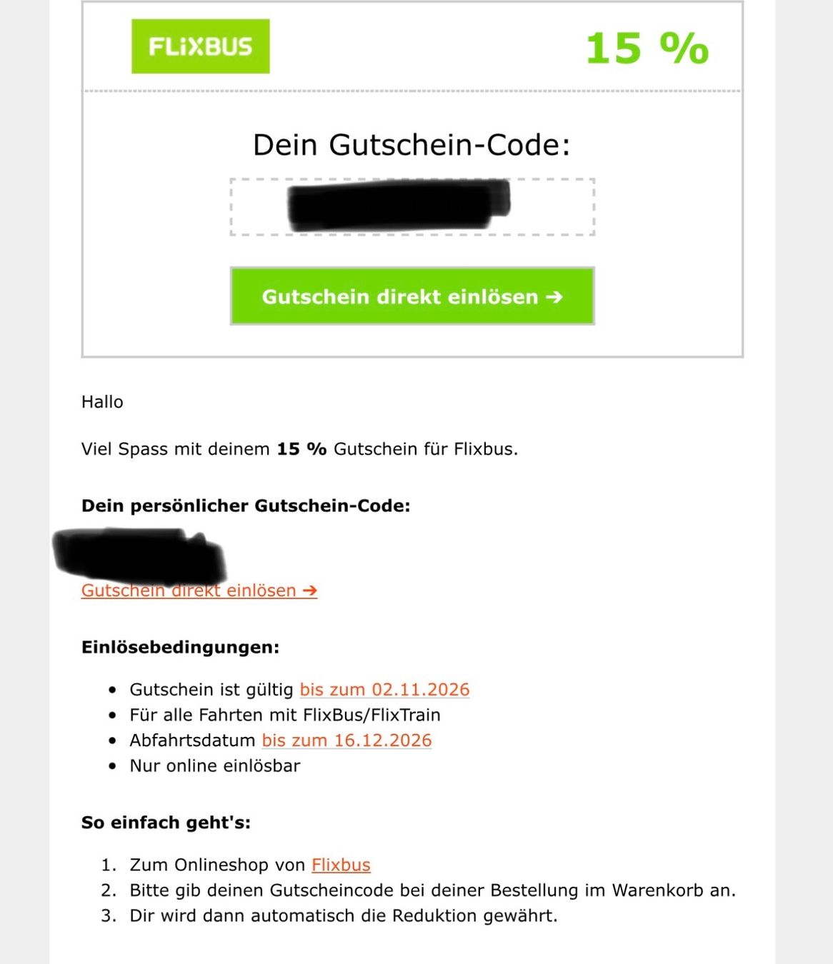 Bons: Flixbus Rabattcode 15% – Neuf avec emballage d'origine à Glattpark(Opfikon) par ste_n99y