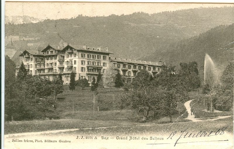 Ansichtskarten: Bex - Grand Hôtel des Salines + 1908 – Gebraucht aus Emmenbrücke von teestube