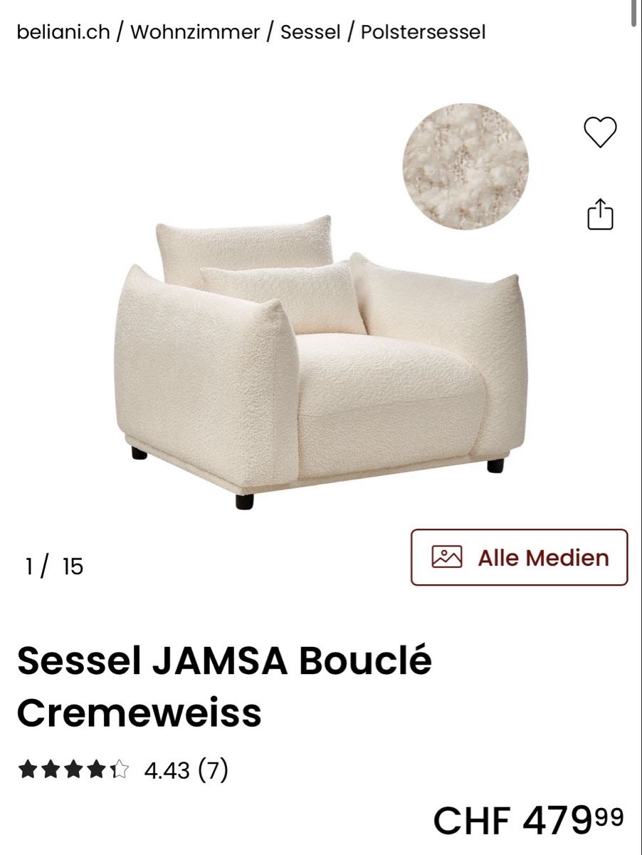 Beliani Fauteuils: Sessel JAMSA Bouclé Cremeweiss – Neuf avec emballage d'origine à Würenlos par vivien_kaufmann 2
