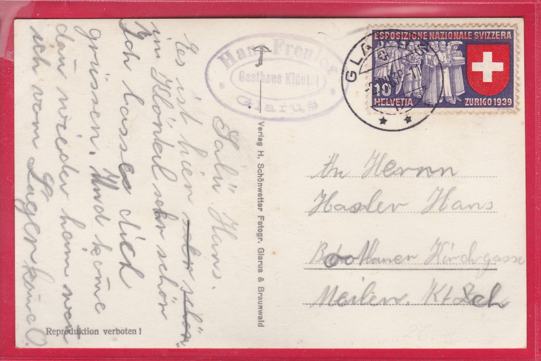 Cartoline postali: KLÖNTALERSE, 2.7.1939 – Usato da Oberrieden venduto da Gebirgsstelze 1