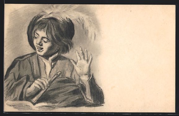 Cartoline postali: Handgemalt: Gelehrter liest in einem Buc – Usato da Berlin venduto da bartko-reher