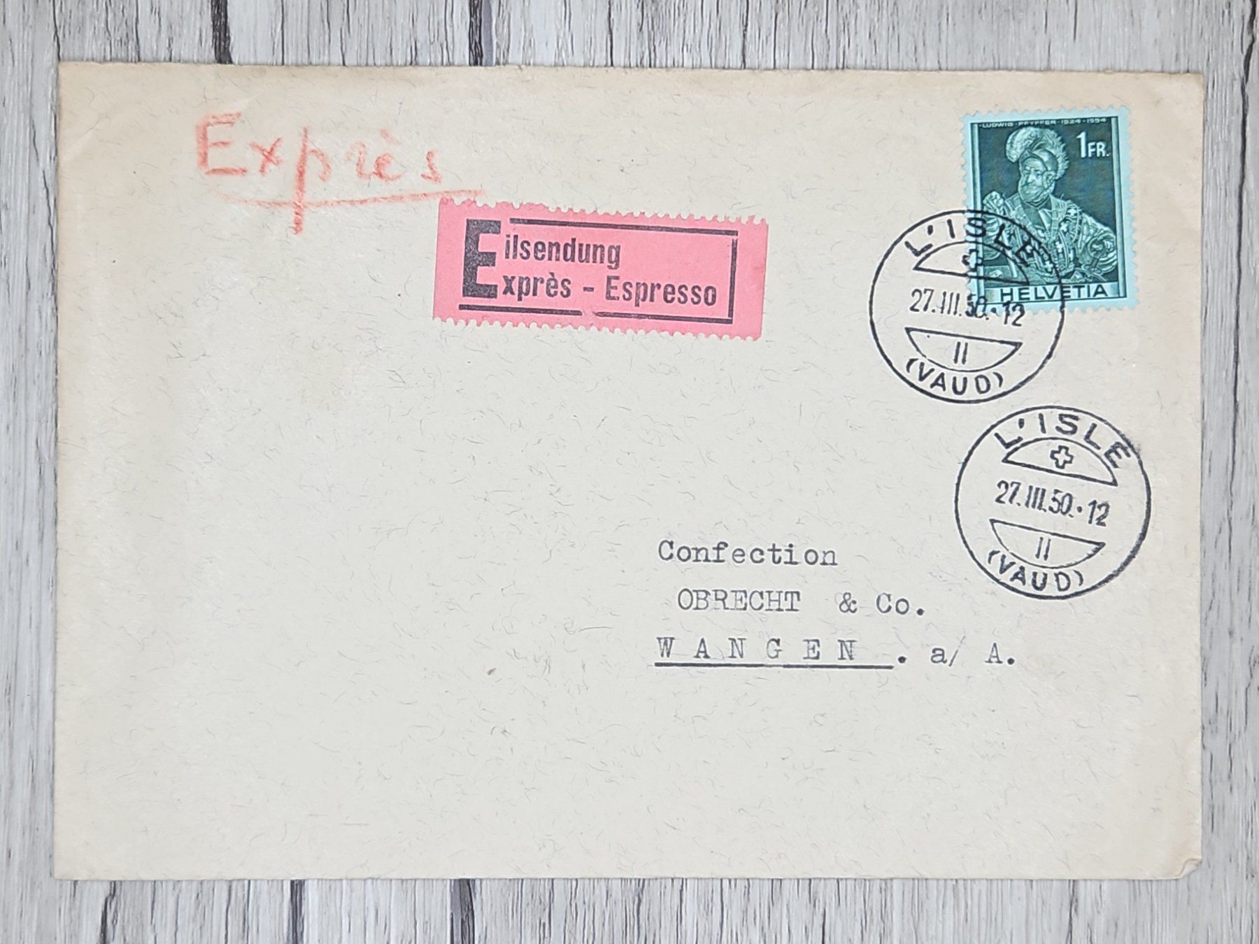 Tutti i francobolli: CL13 Enveloppe + Timbre Suisse 1950 – Usato da Cousset venduto da Patrick_Collections
