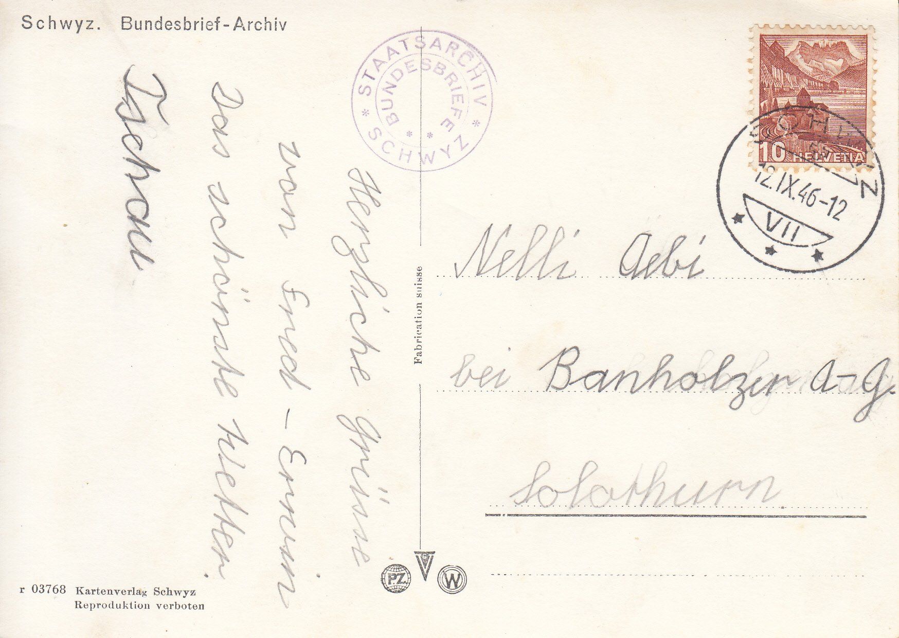 Cartoline postali: Schwyz 1946 – Usato da Bürglen TG venduto da StampGraf 1