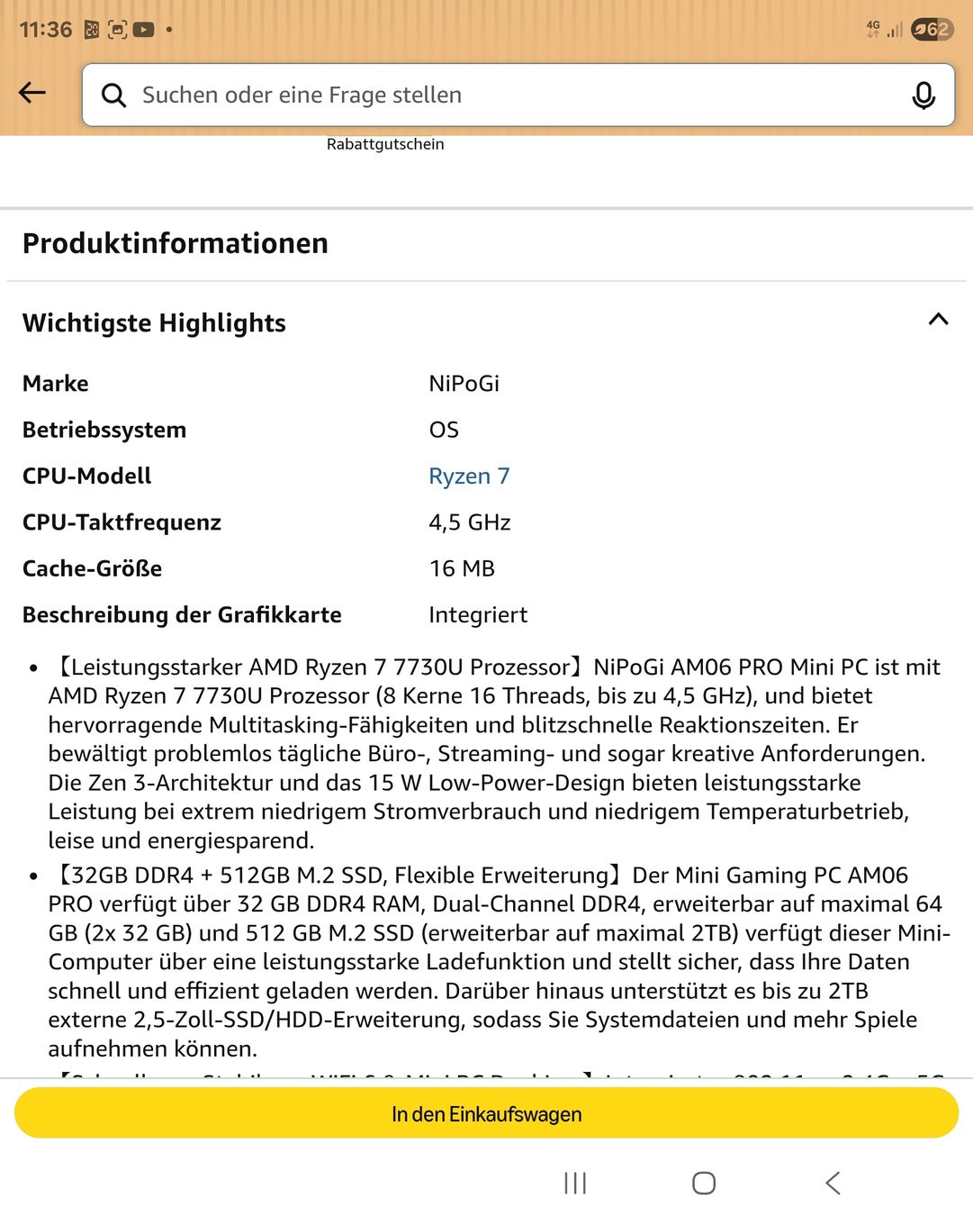 NIPOGI AM06 Pro Mini PC - AMD Ryzen 7, 32GB RAM, 512 SSD (Neu (gemäss ...