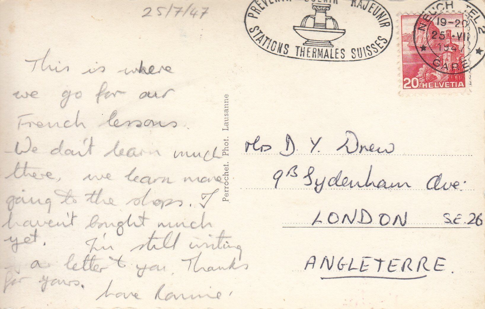 Cartoline postali: Neuchâtel Ecole de Commerce 1947 – Usato da Bürglen TG venduto da StampGraf 1