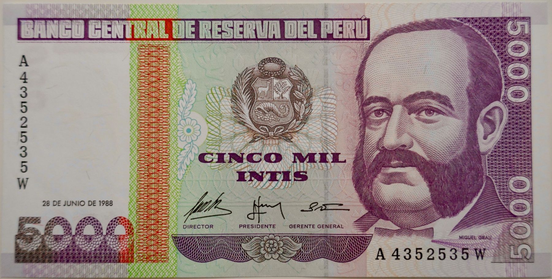 Banconote: Banknote 5000 Intis Peru 1988 unzirkuliert – Nuovo (secondo la descrizione) da Möhlin venduto da PHILABARTIS
