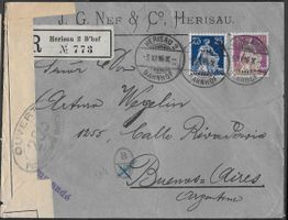 1916 R/Brief Herisau - Buenos Aires ZENSUR Top frank. ab 1.-