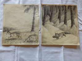 2x Wildtier Zeichnungen, signiert 1951, Rehe Fuchs mit Beute