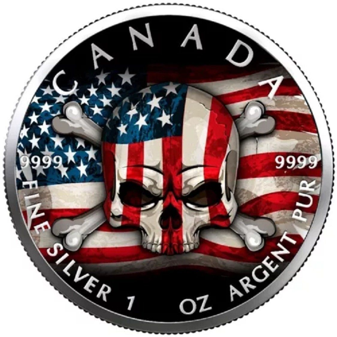 Tutti le monete: US Flag Skull Canada 2022 Maple Leaf 1 OZ SILBER -COLOR EDIT – Nuovo e nell'imballaggio originale da Wetzikon ZH venduto da Nicki6
