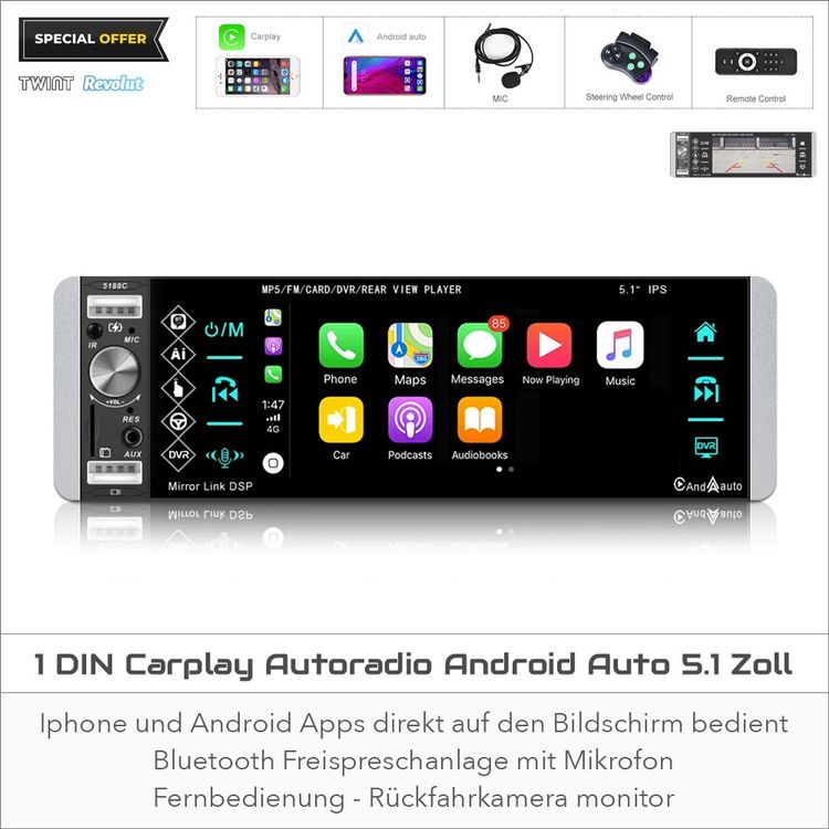 1 DIN Autoradio Carplay Android Auto 5 zoll DSP Bluetooth