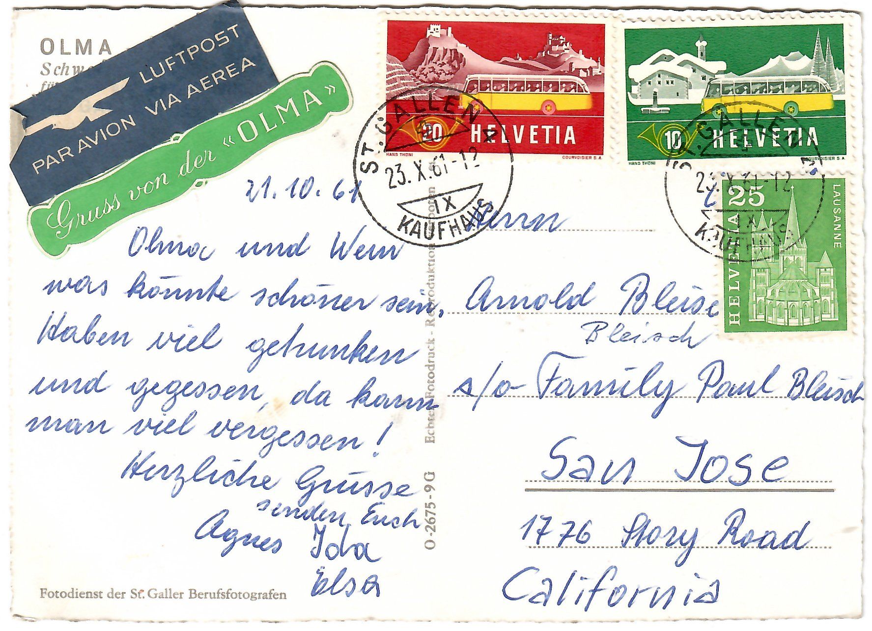 Cartoline postali: Ansichtskarte St. Gallen,  OLMA  1961 – Usato da Kerns venduto da etma3 1