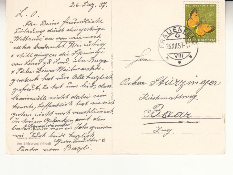 Ansichtskarten: Hirzel Sihlsprung 1957 – Gebraucht aus Bürglen TG von StampGraf 1