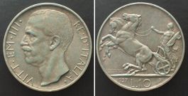 ITALIEN 10 Lire 1927 **FERT** VITTORIO EMANUELE III. Silber