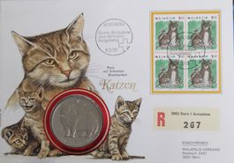 Numisbrief Katzen mit 1 Crown Isle of Man 1989 Elizabeth II