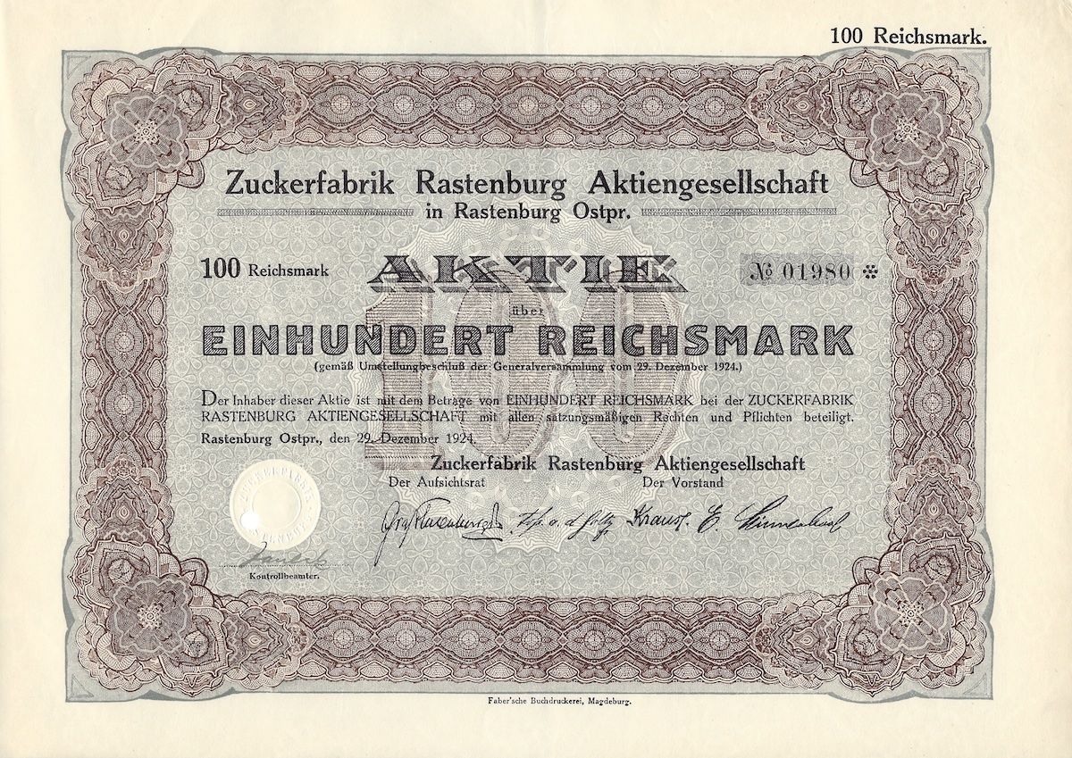 Documenti: Zuckerfabrik Rastenburg AG, Rastenburg - 1924 – Usato da Solothurn venduto da Sgasche
