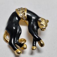 Vintage Panther Brosche Schwarz Gold Strass Panther #C3