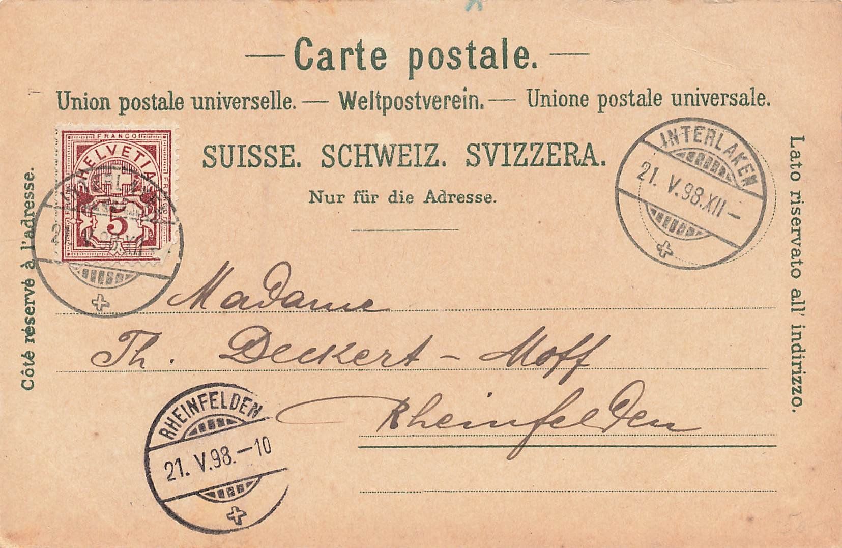 Cartes postales: Interlaken Alpen mit Stempel 1898. – D'occasion à Schwyz par Seffi56 1