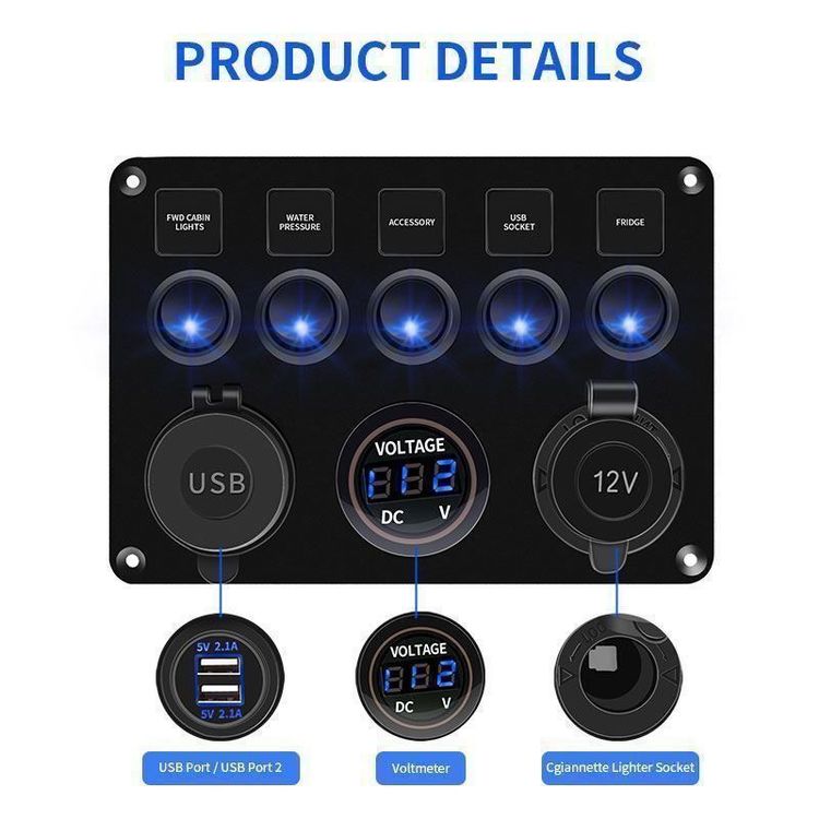KAOLALI 12V/24V Schalter Panel Mit USB, Voltmeter & Zigarettenanzünder - 8 Kippschalter Für Wohnmobil & Boot