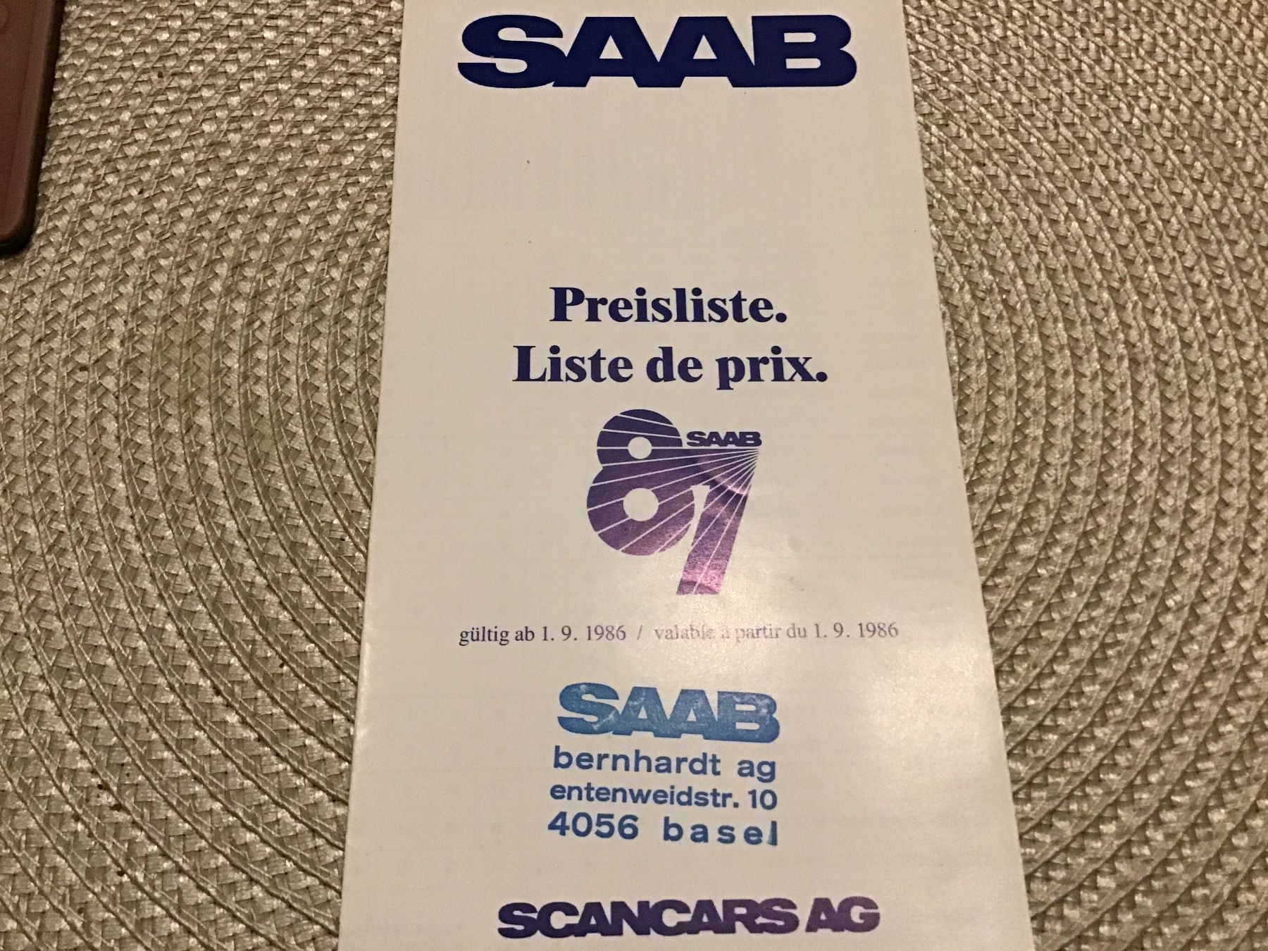 Saab Dokumente: Saab Preisliste gültig ab 1.9.1986 – Gebraucht aus Scherzingen von Starseller62