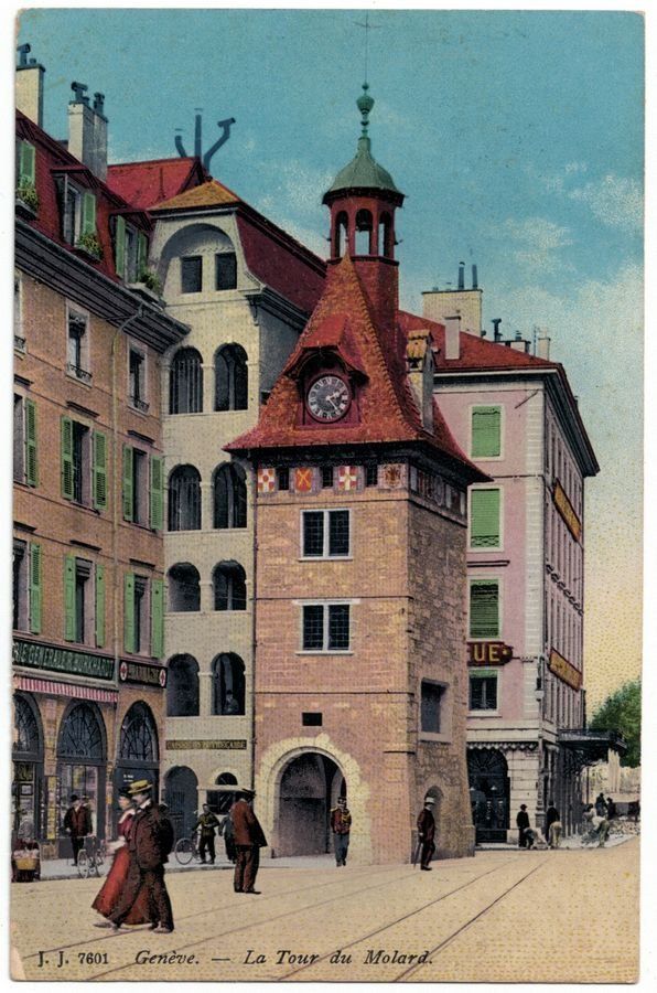 Cartoline postali: Genève, Tour du Molard, colorée, circulée 1919 – Usato da Frauenfeld venduto da POML