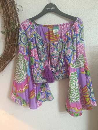Bunte Hippie-Bluse mit Fransen & Pailletten, Gr. M, Sommer 